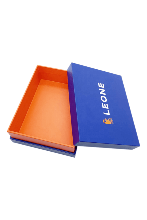 Blue and orange rigid material 2 piece box with logo